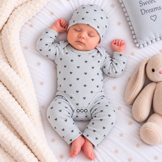 Premium 3-Piece Baby Bodysuit Set | "Heart Print" Theme - Grey