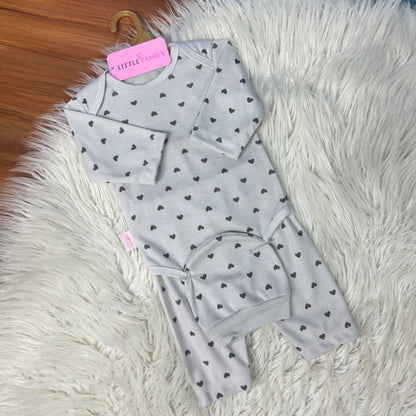 Premium 3-Piece Baby Bodysuit Set | "Heart Print" Theme - Grey