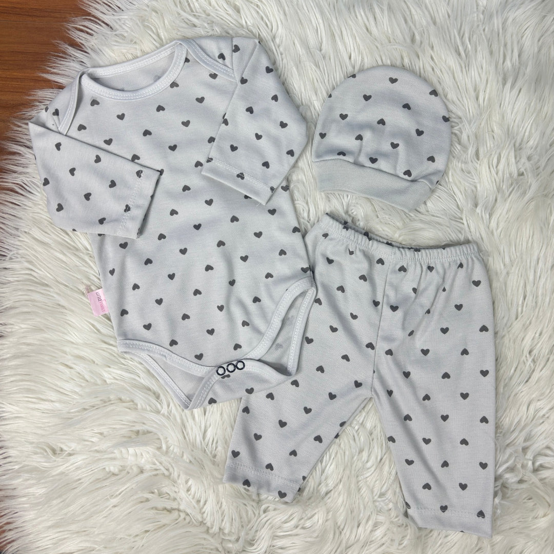 Premium 3-Piece Baby Bodysuit Set | "Heart Print" Theme - Grey