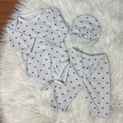 Premium 3-Piece Baby Bodysuit Set | "Heart Print" Theme - Grey