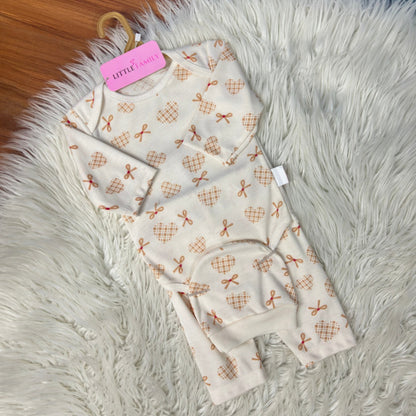 Premium 3-Piece Baby Bodysuit Set | "Heart Ribbon" Theme - Ivory Cream