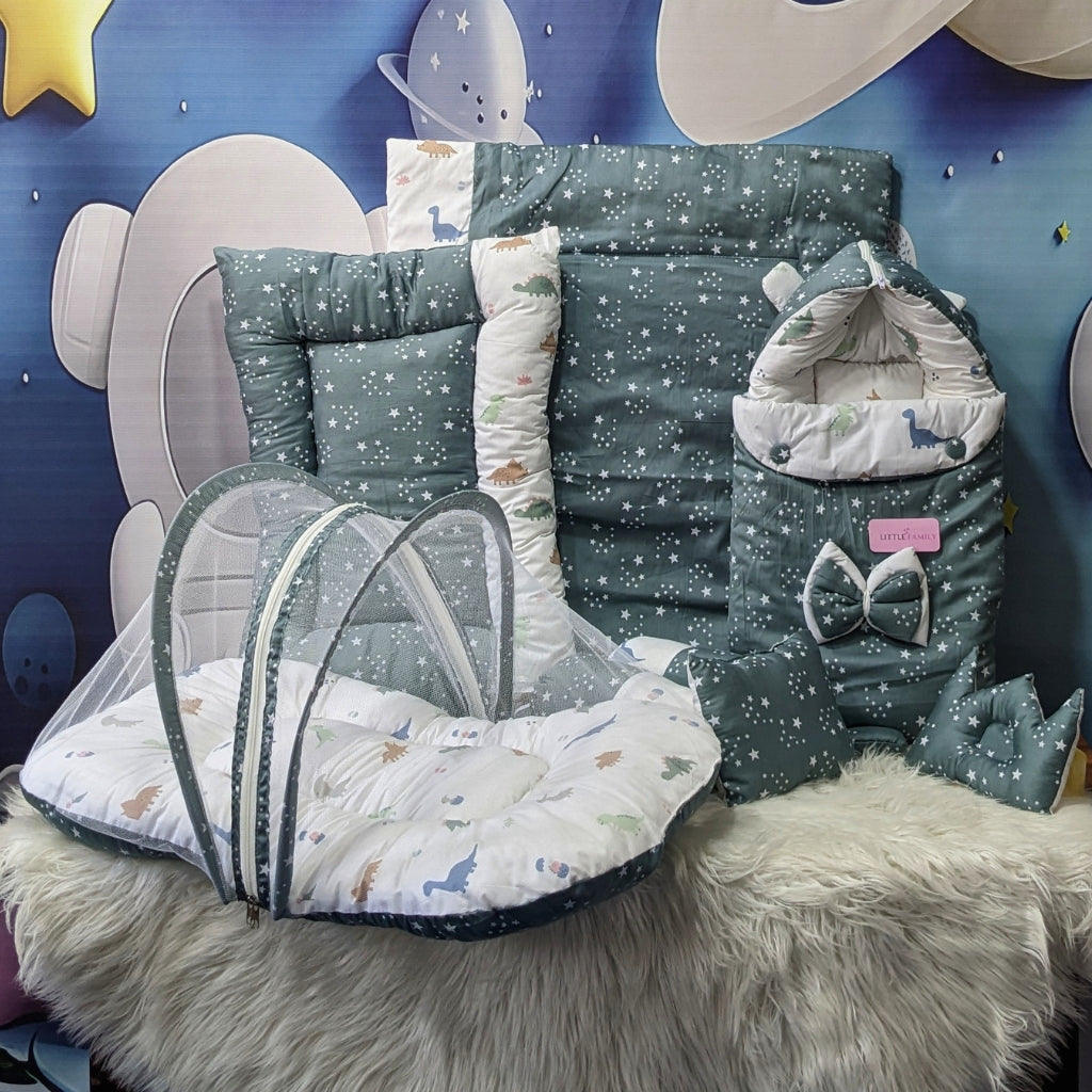 Starry Dreams Baby Bedding Set - 8 Pieces (Greenish Grey)