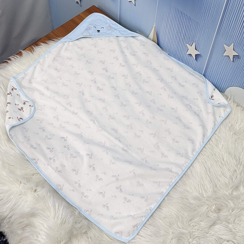 Premium Baby Hooded Wrapping Sheet | Blue Cycle - Cloud