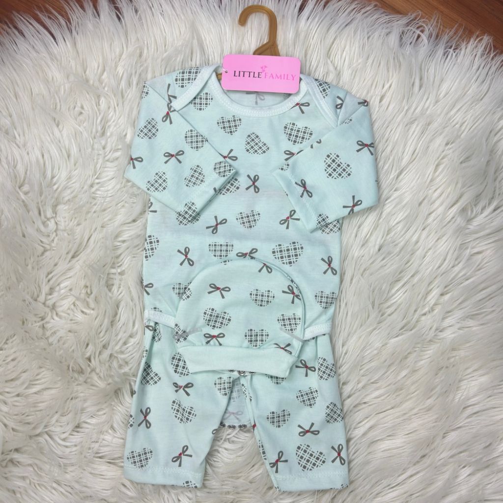 Premium 3-Piece Baby Bodysuit Set | "Heart Ribbon" Theme - Green