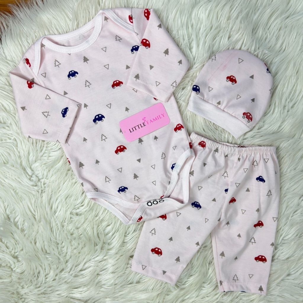 Premium 3-Piece Baby Bodysuit Set | "Car" Theme - Pink