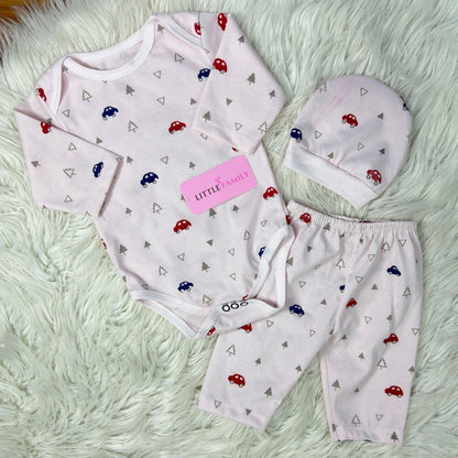 Premium 3-Piece Baby Bodysuit Set | "Car" Theme - Pink