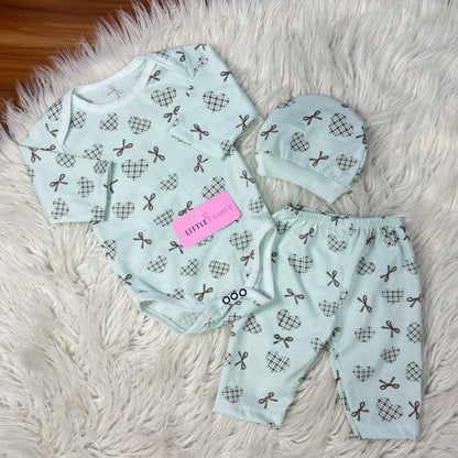 Premium 3-Piece Baby Bodysuit Set | "Heart Ribbon" Theme - Green