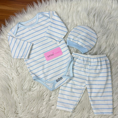 Premium 3-Piece Baby Bodysuit Set | Stripes - Blue