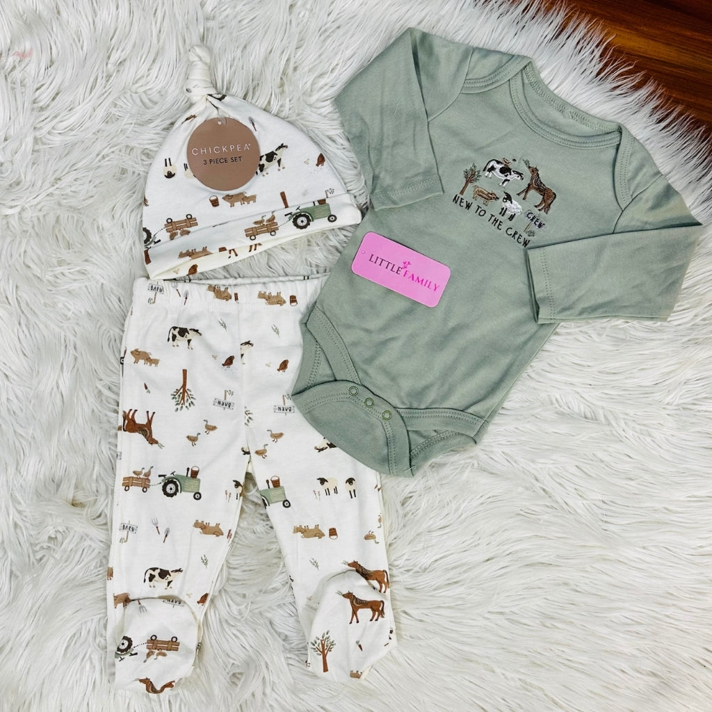 Premium Baby Full-Sleeve Bodysuit 3-Piece Set - Farm Friends
