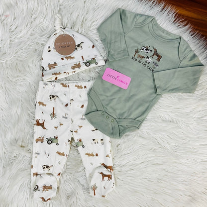 Premium Baby Full-Sleeve Bodysuit 3-Piece Set - Farm Friends