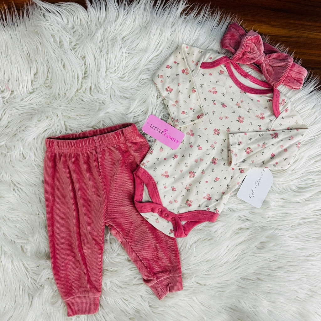 Premium Baby Full-Sleeve Bodysuit 3-Piece Set - Flower