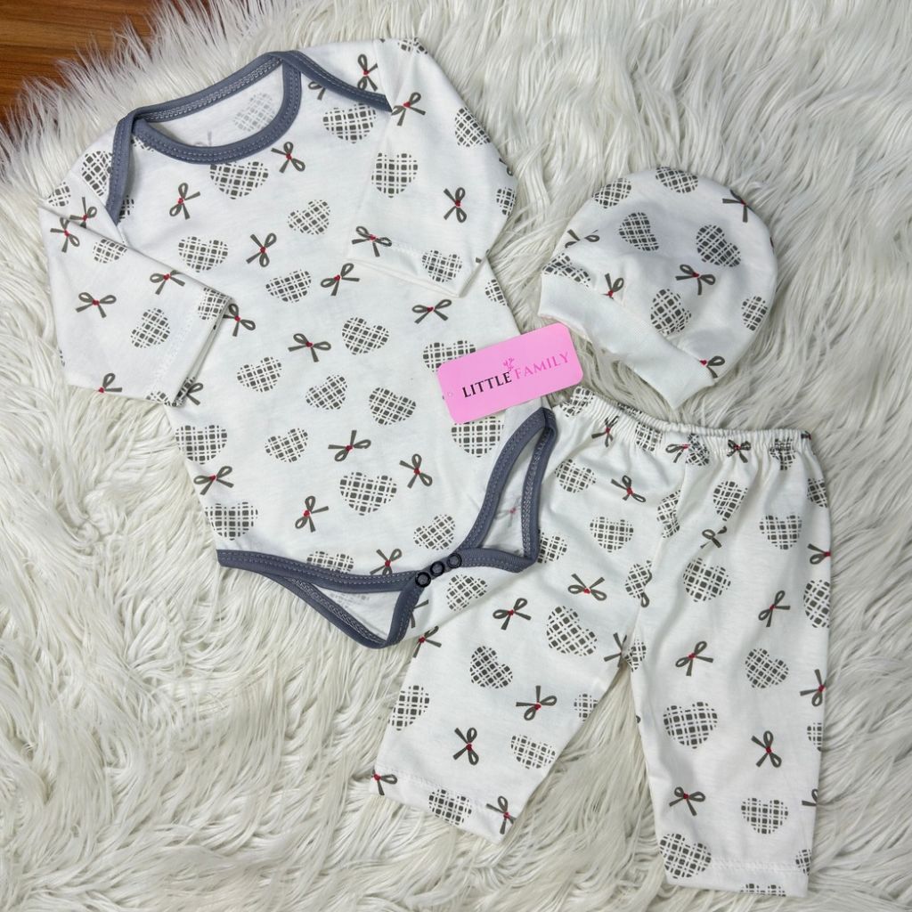 Premium 3-Piece Baby Bodysuit Set | "Heart Ribbon" Theme - Grey