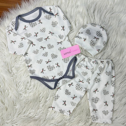 Premium 3-Piece Baby Bodysuit Set | "Heart Ribbon" Theme - Grey