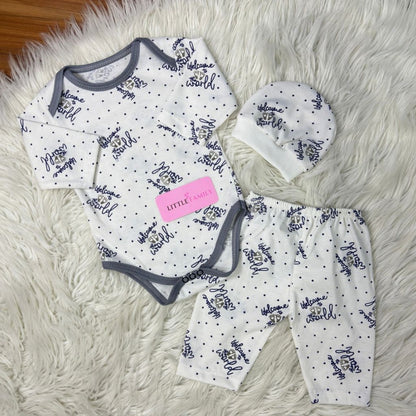Premium 3-Piece Baby Bodysuit Set | "Welcome to the World" Theme - Charcoal Grey