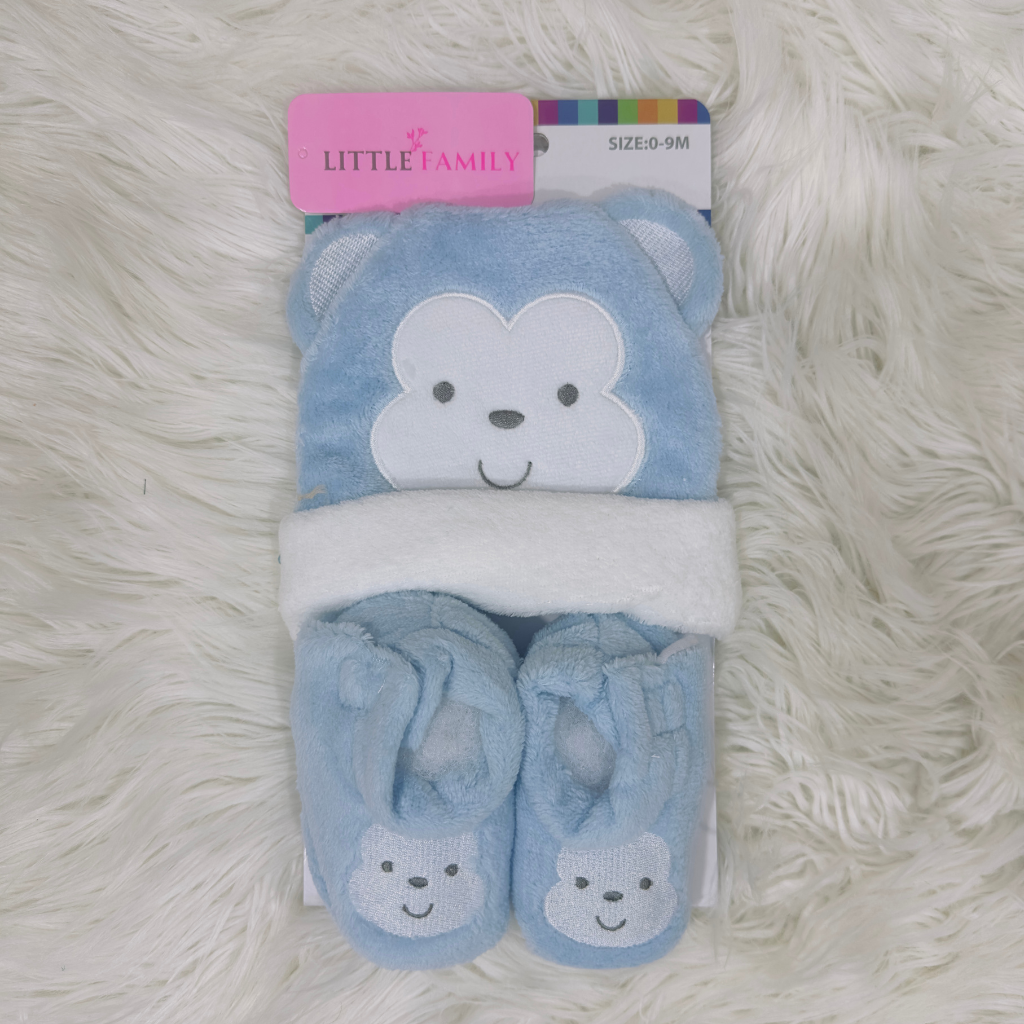 Baby Cap & Booties Set – Sky Blue Monkey | 3-Piece