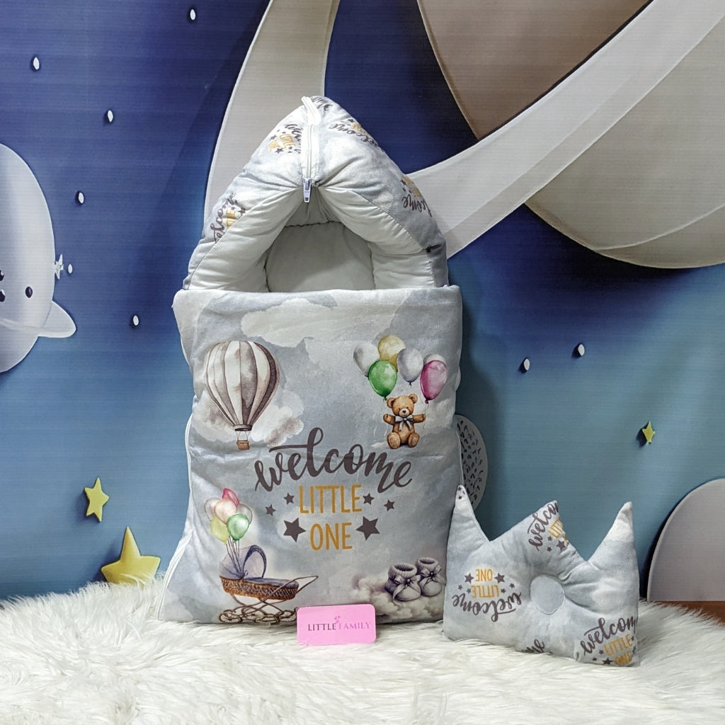 Velvet Newborn Carry Nest | “Welcome Little One” Edition – Grey
