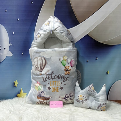 Velvet Newborn Carry Nest | “Welcome Little One” Edition – Grey