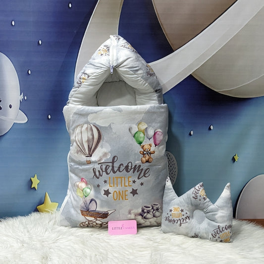 Velvet Newborn Carry Nest | “Welcome Little One” Edition – Grey