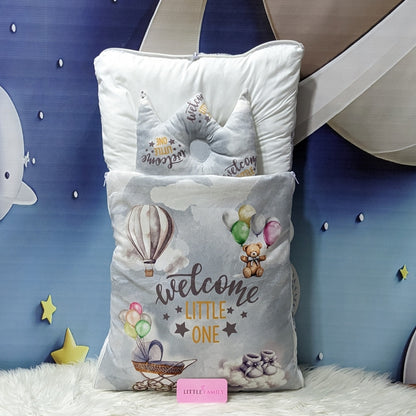 Velvet Newborn Carry Nest | “Welcome Little One” Edition – Grey