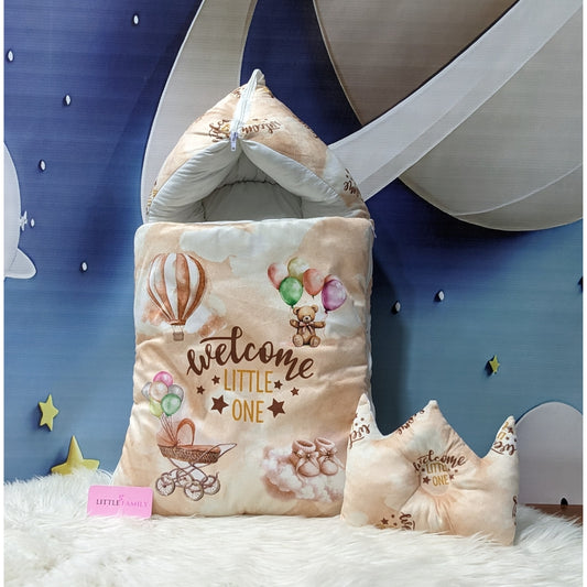 Velvet Newborn Carry Nest | “Welcome Little One” Edition – Brown