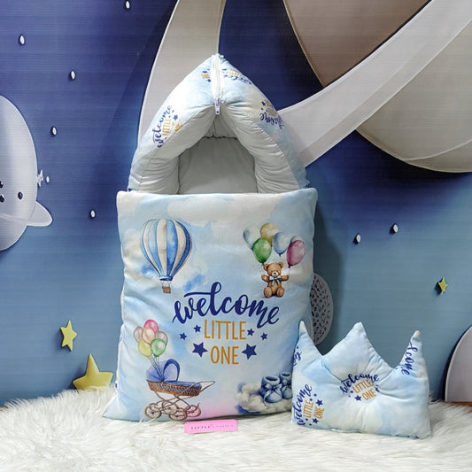 Velvet Newborn Carry Nest | “Welcome Little One” Edition – Blue