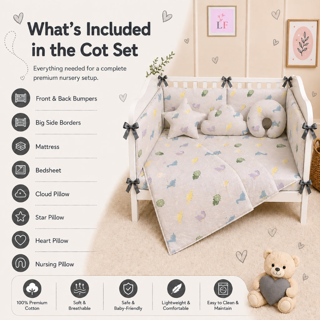 Premium Baby Cot Bedding Set - Soft Grey