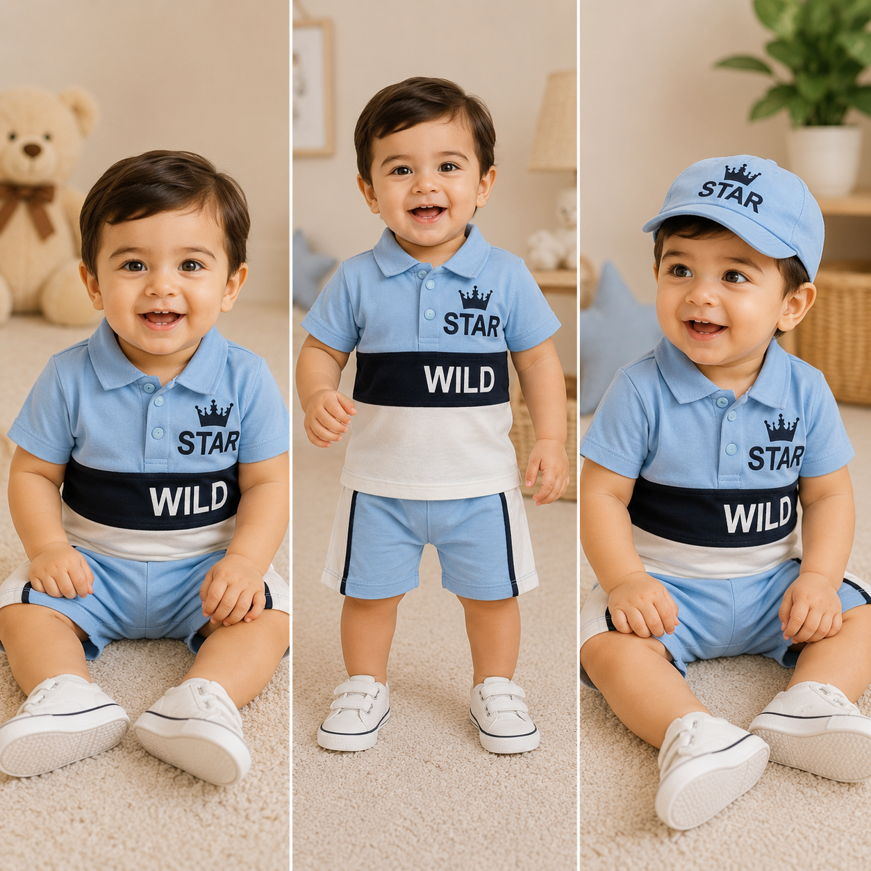 Star Wild 3-Piece Baby Outfit Set – Polo, Shorts & Cap