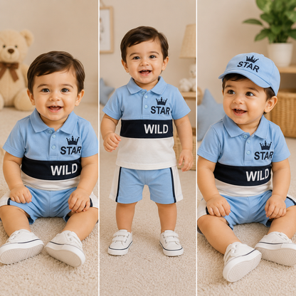 Star Wild 3-Piece Baby Outfit Set – Polo, Shorts & Cap