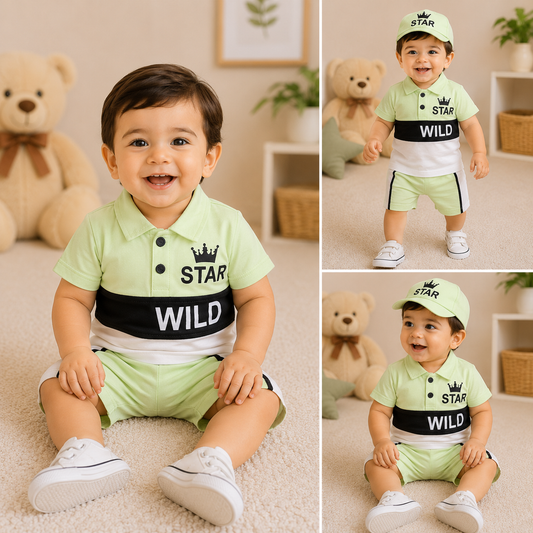 Star Wild 3-Piece Baby Outfit Set – Polo, Shorts & Cap