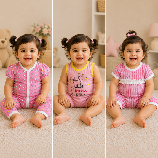 3-Piece Baby Girl Sleep Suit Set – “Little Princess”