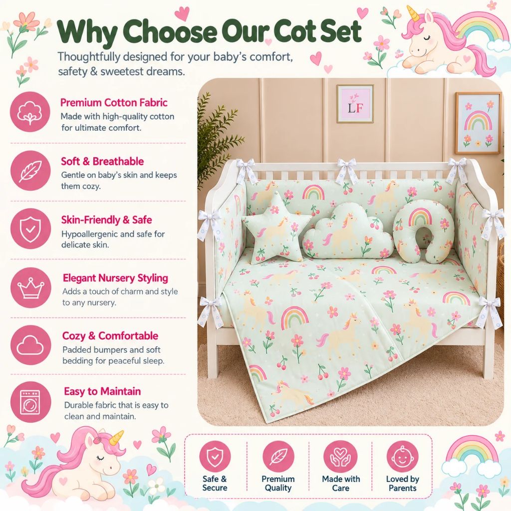 Premium Baby Cot Bedding Set - Unicorn Blossom