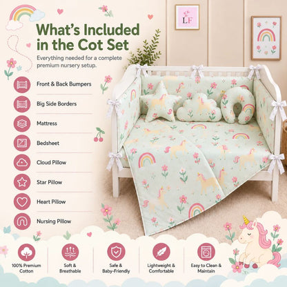 Premium Baby Cot Bedding Set - Unicorn Blossom