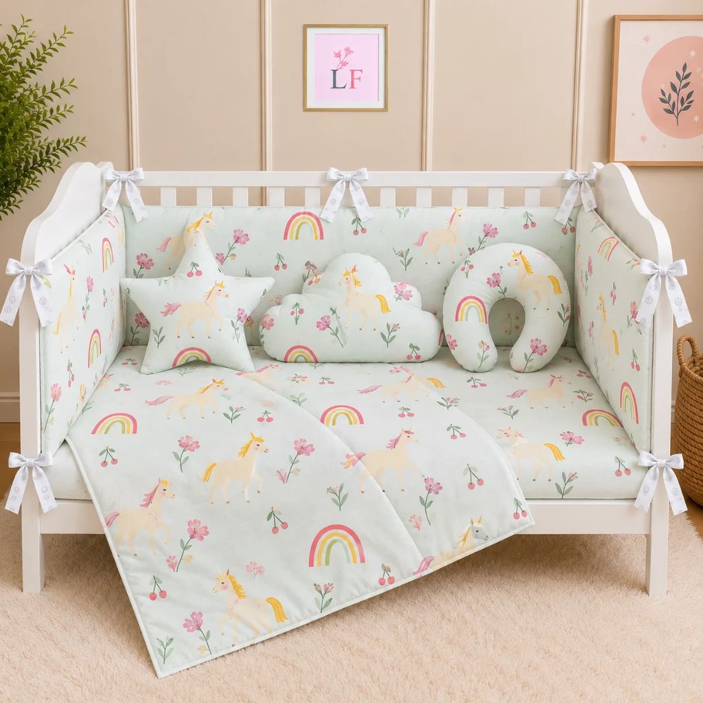 Premium Baby Cot Bedding Set - Unicorn Blossom