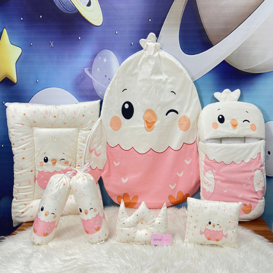 Premium 7-Piece Egg Chick Velvet Baby Bedding Set - Baby Pink