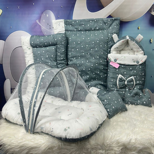 Starry Dreams Baby Bedding Set - 8 Pieces (Greenish Grey)