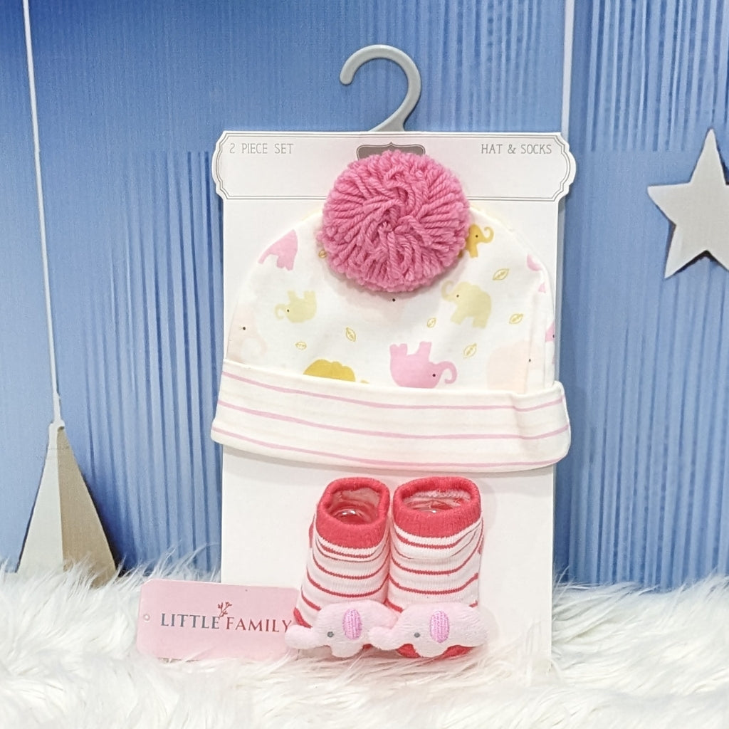 Newborn Cotton Hat & Socks Set – Pink Elephant Design (2-Piece)