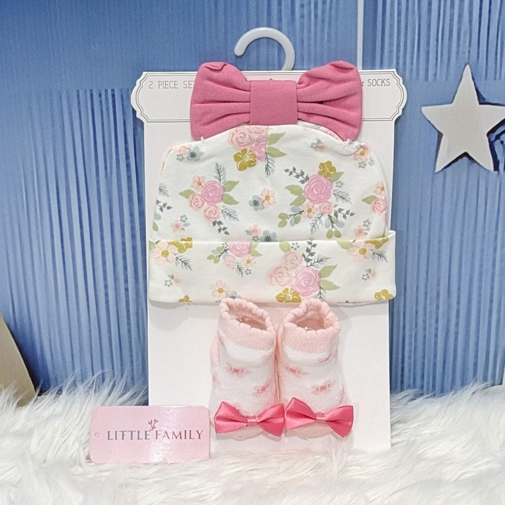 Newborn Cotton Hat & Socks Set - Pink Flowers (2-Piece)