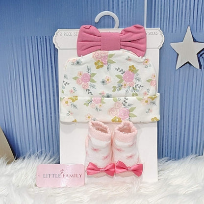 Newborn Cotton Hat & Socks Set - Pink Flowers (2-Piece)