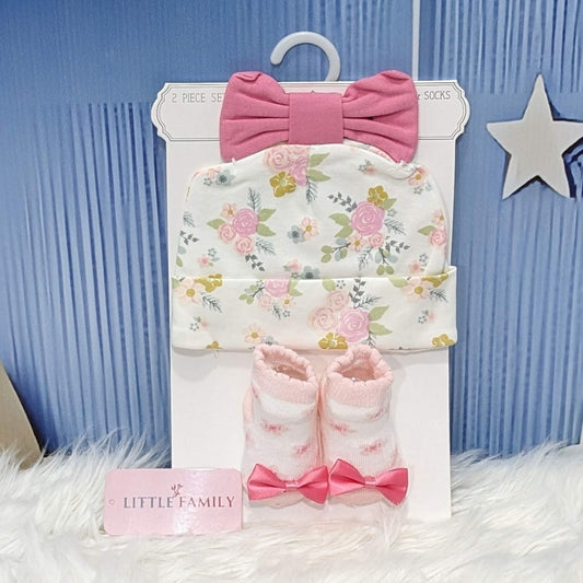 Newborn Cotton Hat & Socks Set - Pink Flowers (2-Piece)