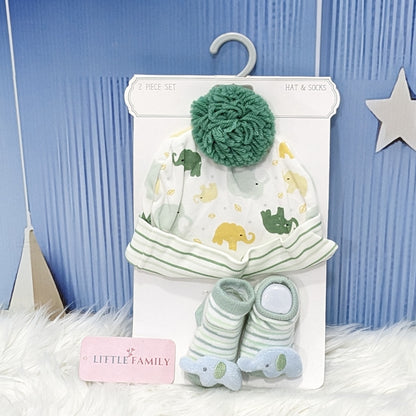 Newborn Cotton Hat & Socks Set - Green Elephant (2-Piece)