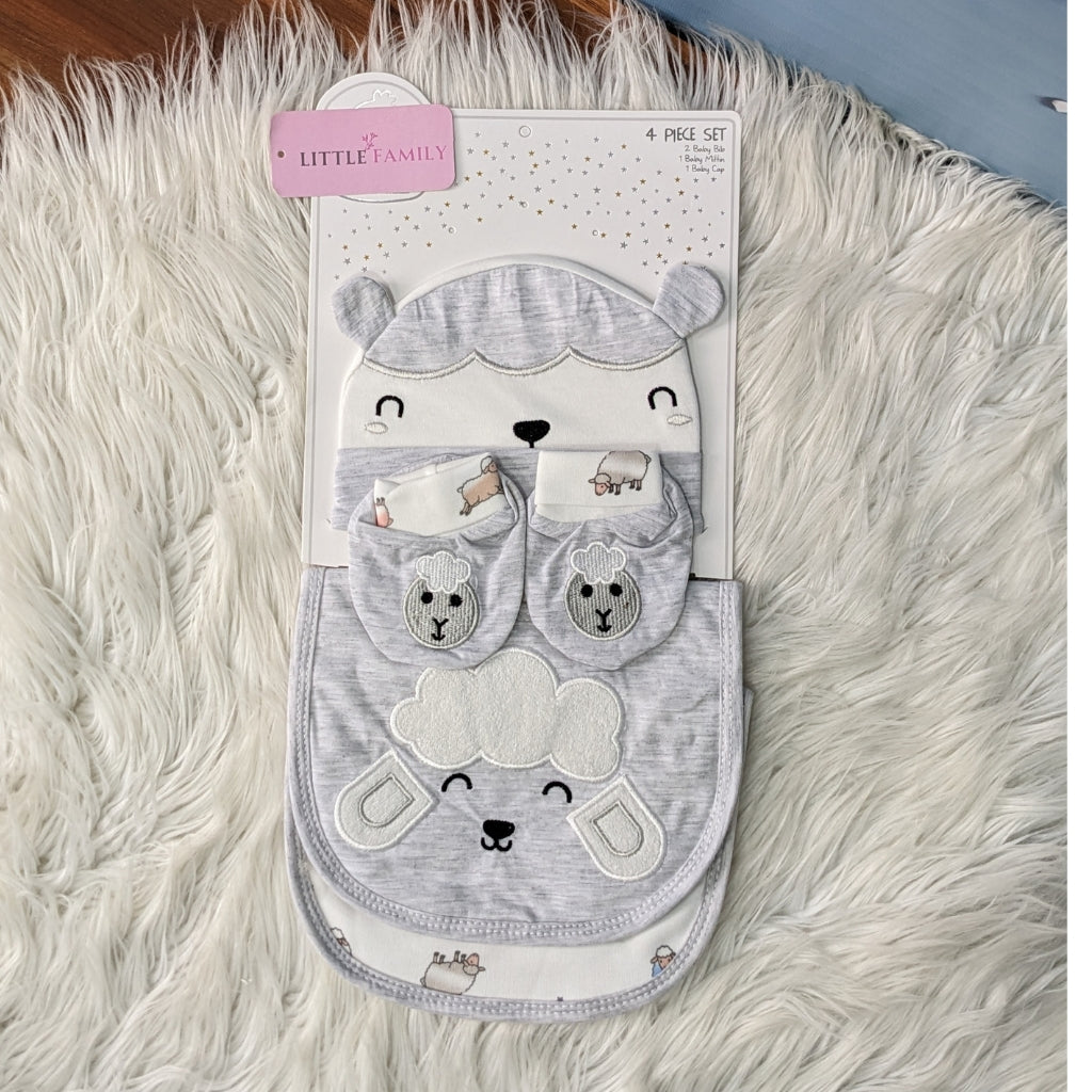 4-Piece Newborn Baby Gift Set – Cotton Bib, Mittens & Cap (Sheep Design)