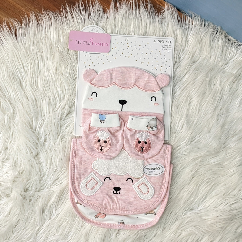 4-Piece Newborn Baby Gift Set – Cotton Bib, Mittens & Cap (Sheep Design)