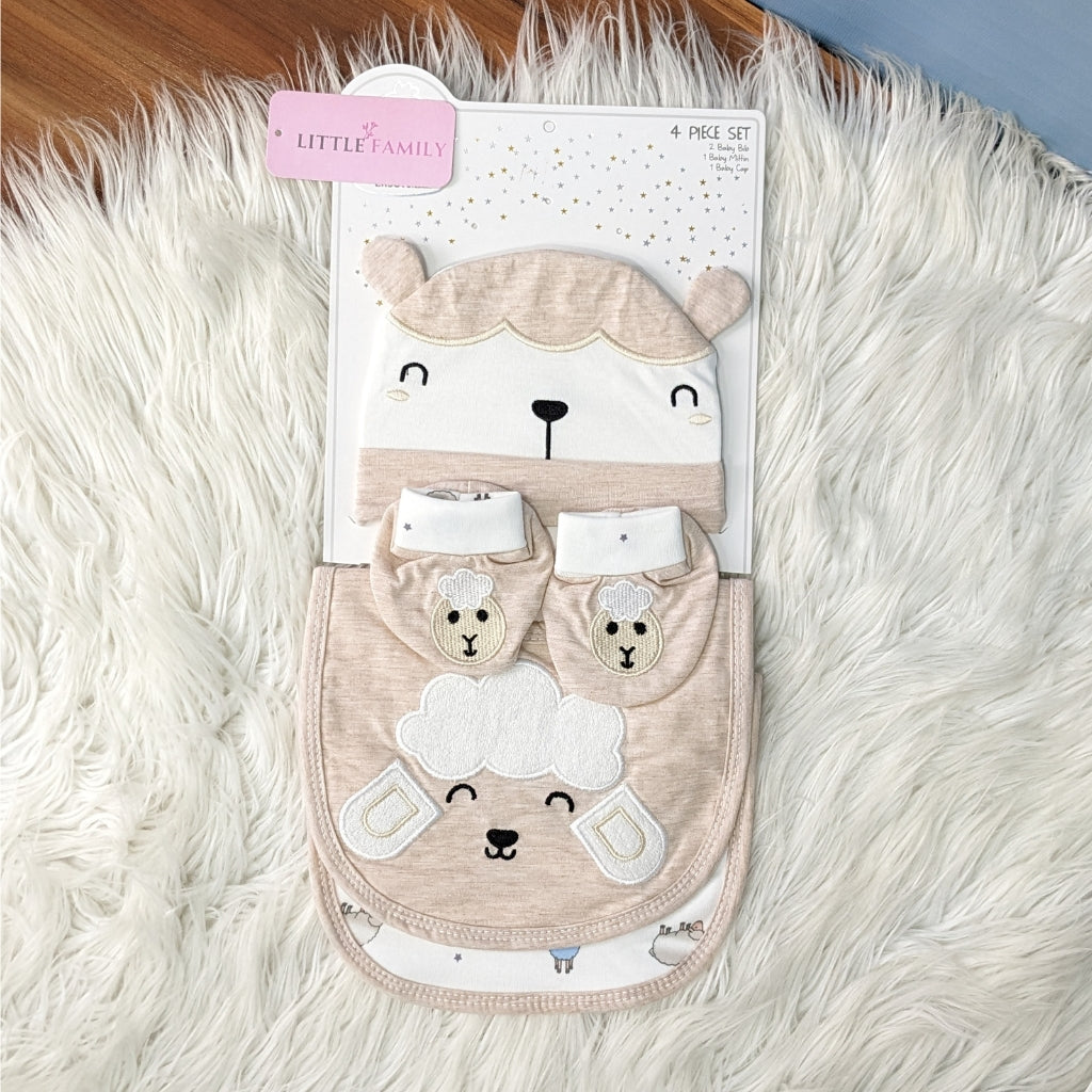 4-Piece Newborn Baby Gift Set – Cotton Bib, Mittens & Cap (Sheep Design)