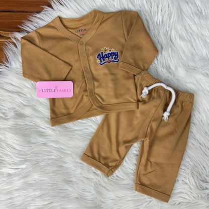 Premium 2-Piece Baby Night Suit | "Happy" Print - Beige