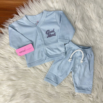 Premium 2-Piece Baby Night Suit | "Good Mood" Print - Sky Blue