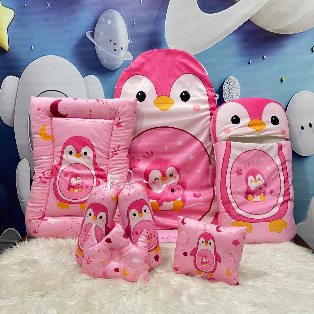 Premium 7-Piece Penguine Velvet Baby Bedding Set - Pink