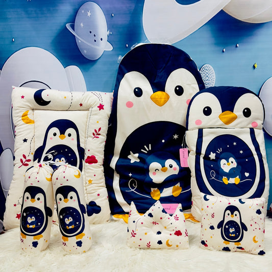 Premium 7-Piece Penguin Velvet Baby Bedding Set - Navy Blue