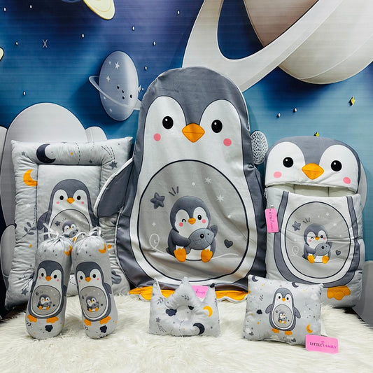 Premium 7-Piece Penguin Velvet Baby Bedding Set - Grey