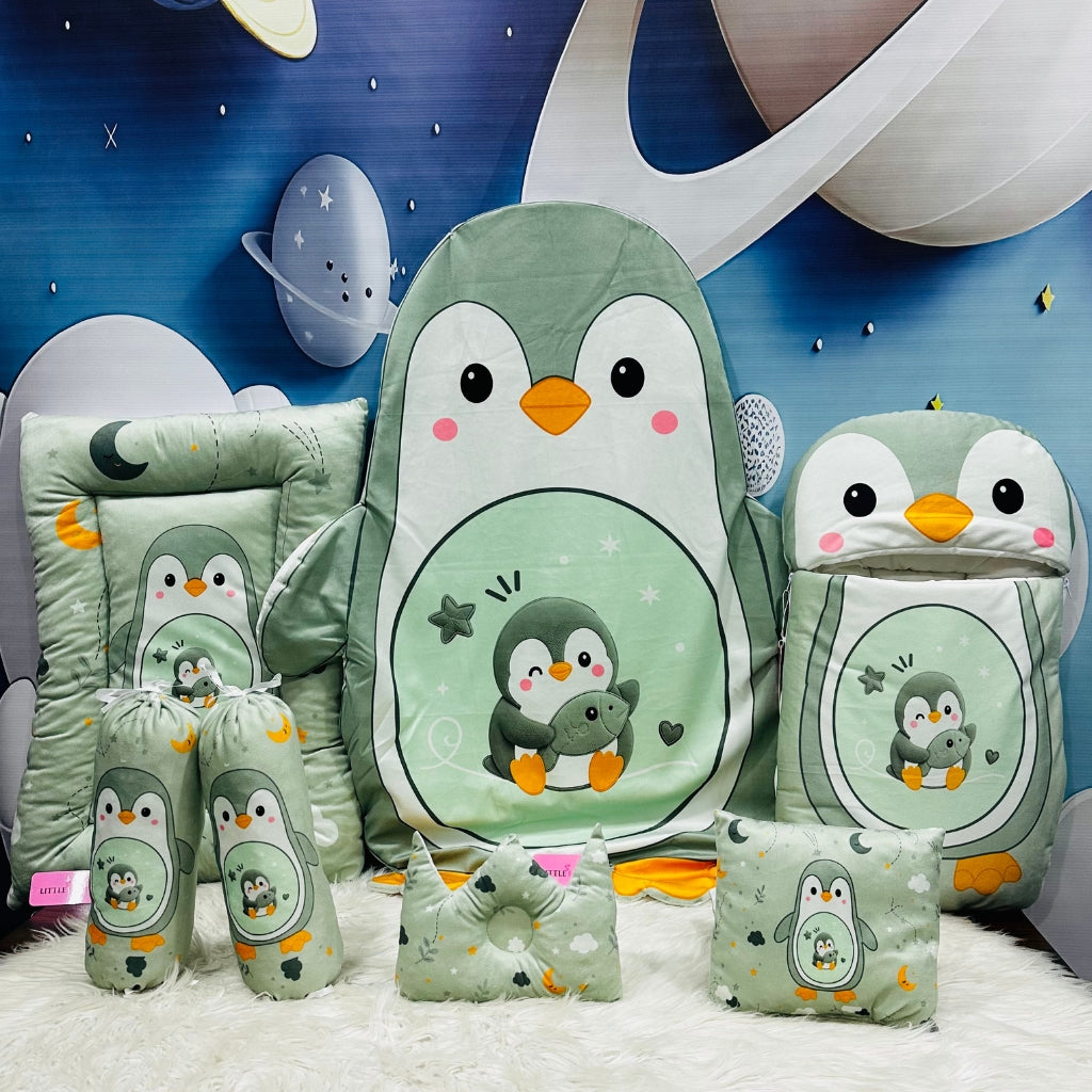 Premium 7-Piece Penguin Velvet Baby Bedding Set - Green