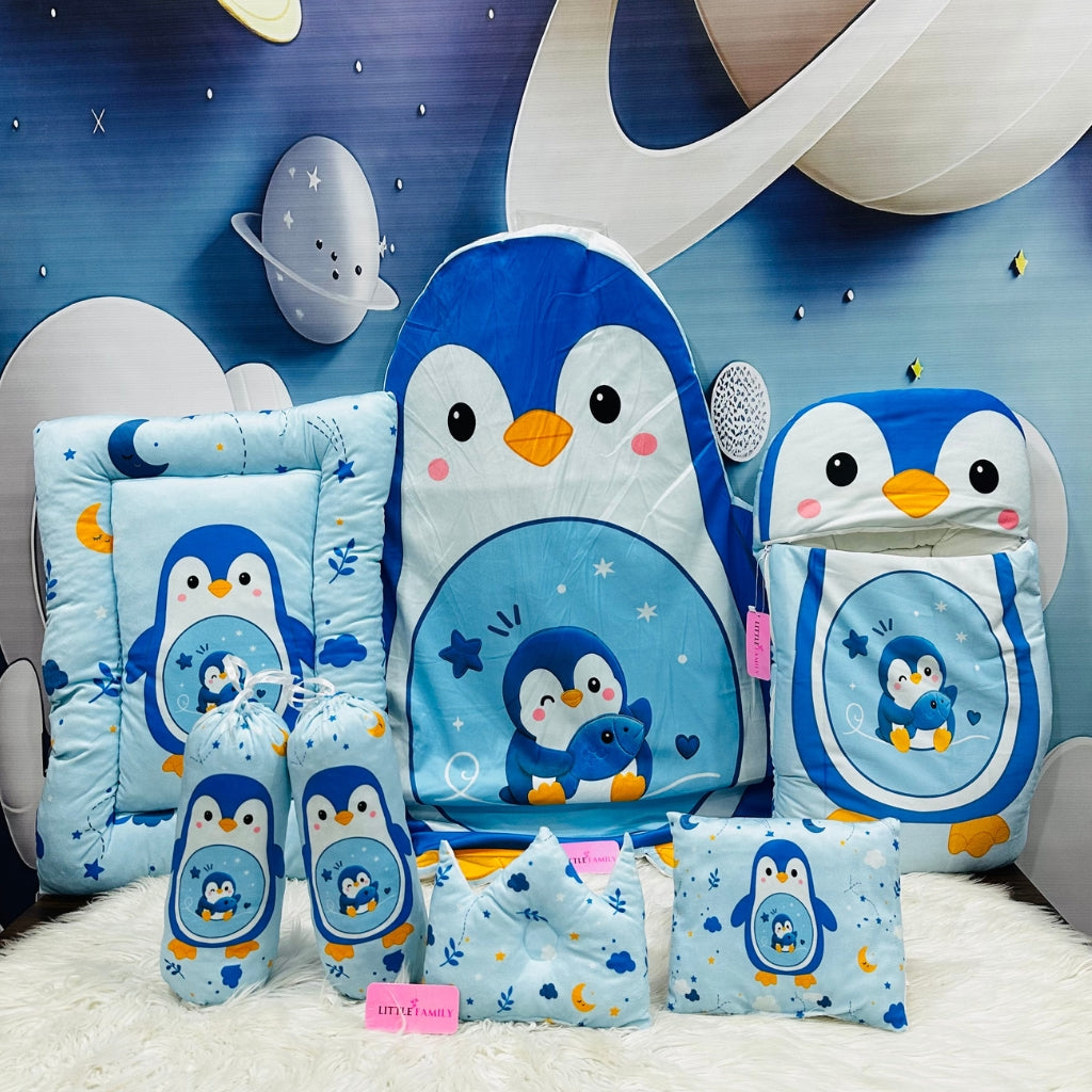 Premium 7-Piece Penguin Velvet Baby Bedding Set - Blue